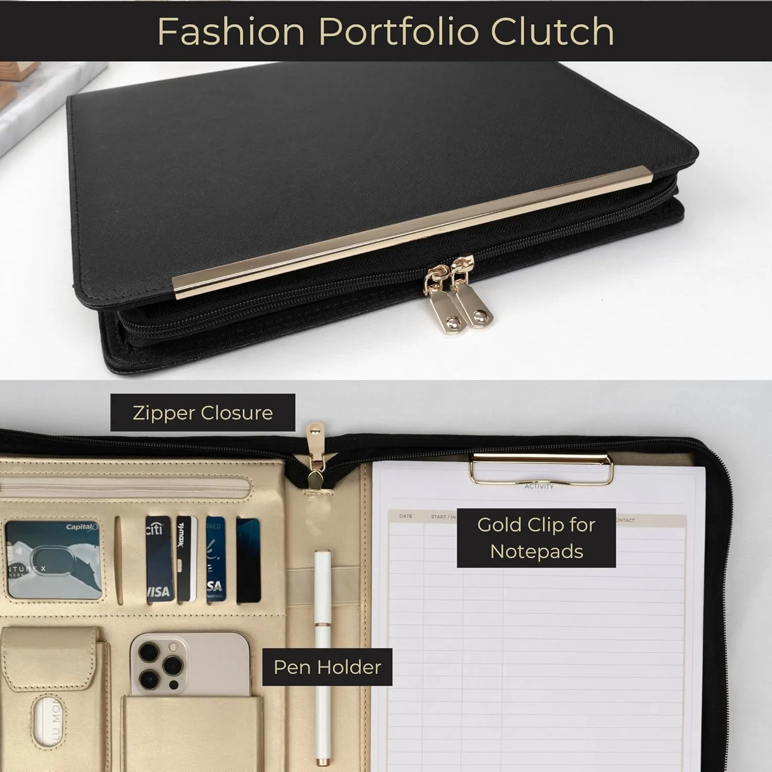 BLU MONACO Black Vegan Leather Portfolio Binder For Women - Professional Padfolio Work Organizer with Gold Trim, Zippered Business Case for Documents