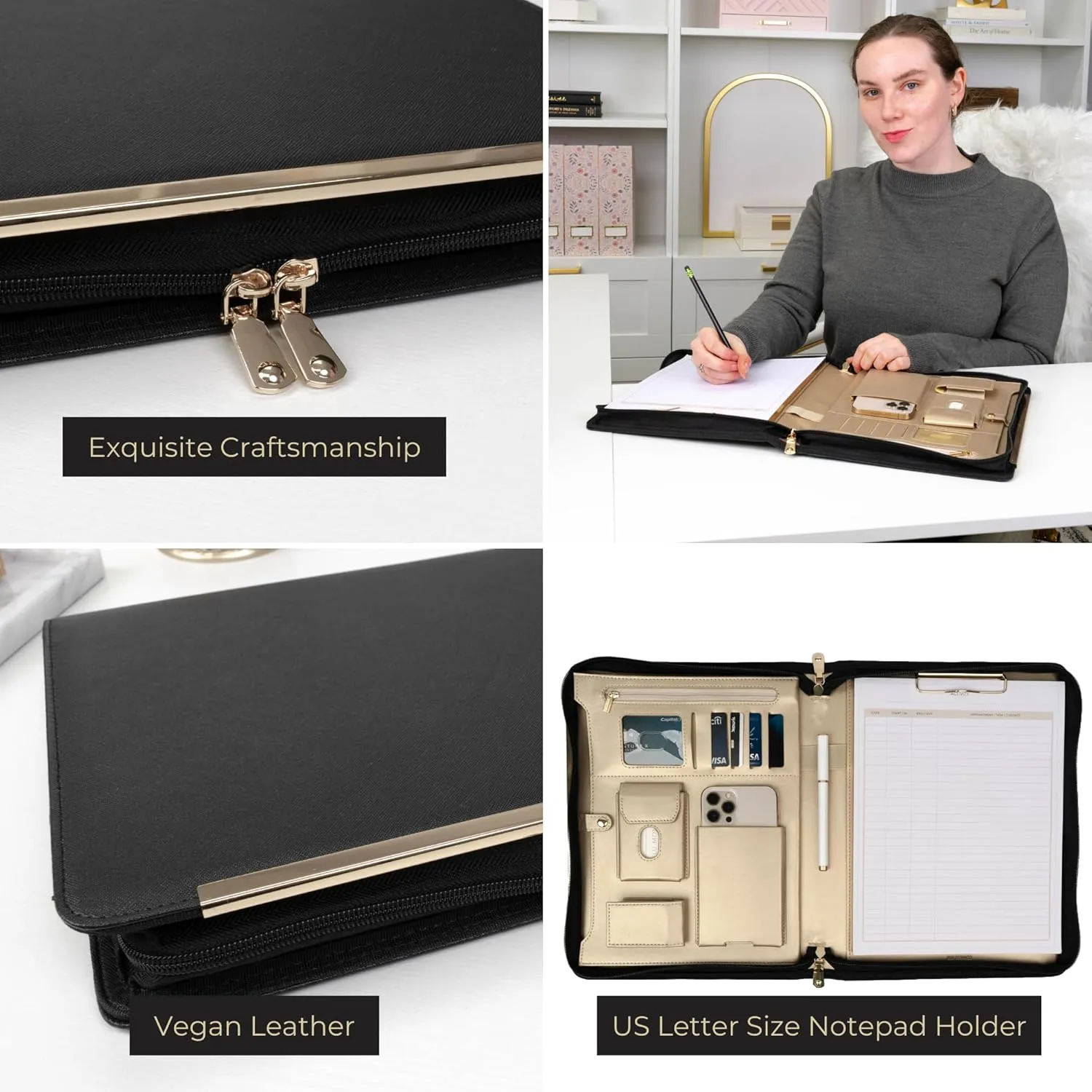 BLU MONACO Black Vegan Leather Portfolio Binder For Women - Professional Padfolio Work Organizer with Gold Trim, Zippered Business Case for Documents