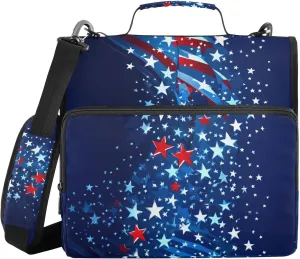 Blue American Flag Stars Patriotic 4th of July Sturdy Zipper Binder with Shoulder Strap & Handle Multi-Pocket 1.5 Inch 3 Rings Storage Bag Portfolio Binder School Supplies Organizer