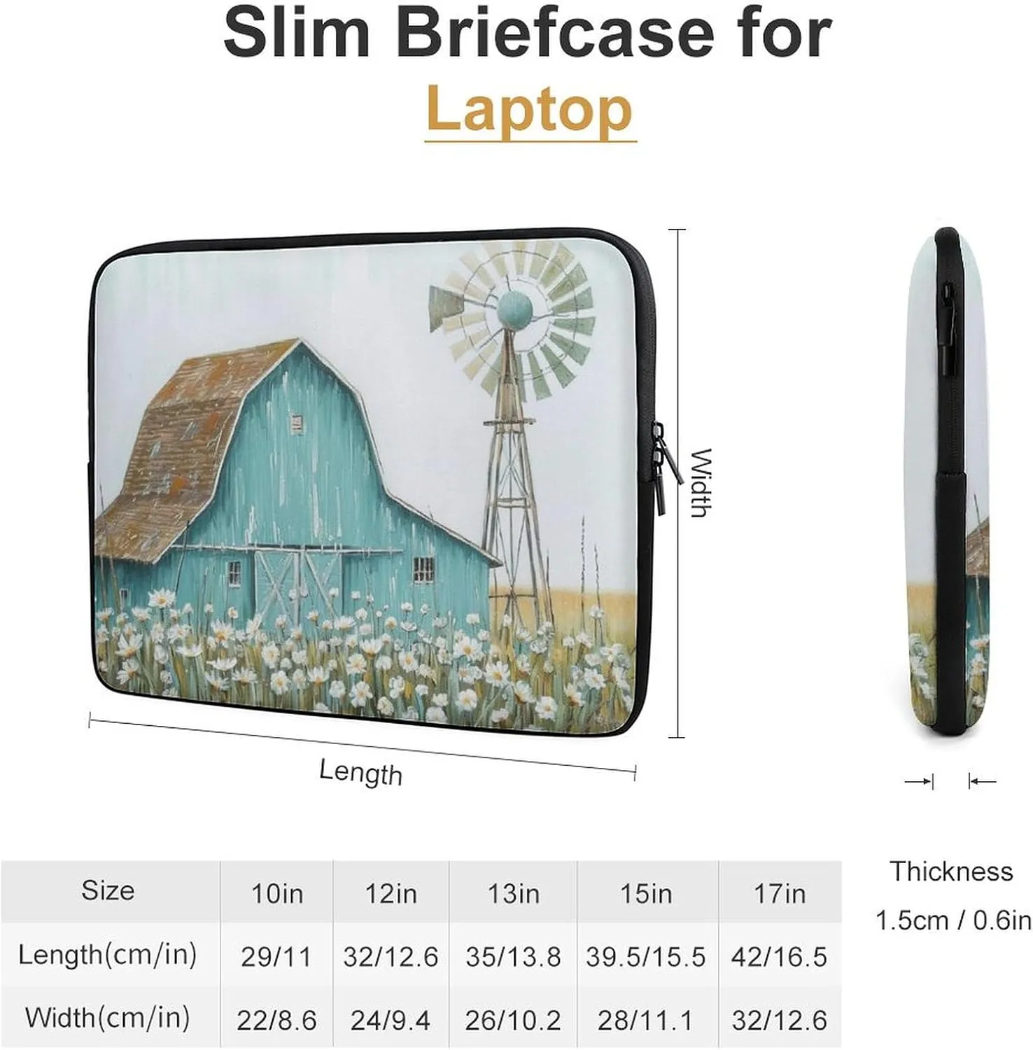 Blue Barn Windmill Laptop Sleeve 13/15 Inch Durable Briefcase Cover Shockproof Protective Case Handbags Portable Laptop Bag