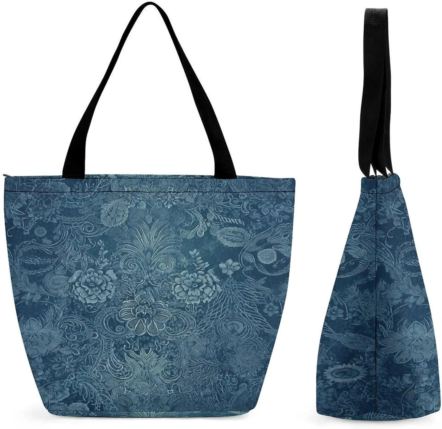 Blue Floral Lace Tote Bags Reusable Grocery Bags Shopping Zippered Tote for Office Graduation Travel