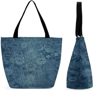 Blue Floral Lace Tote Bags Reusable Grocery Bags Shopping Zippered Tote for Office Graduation Travel