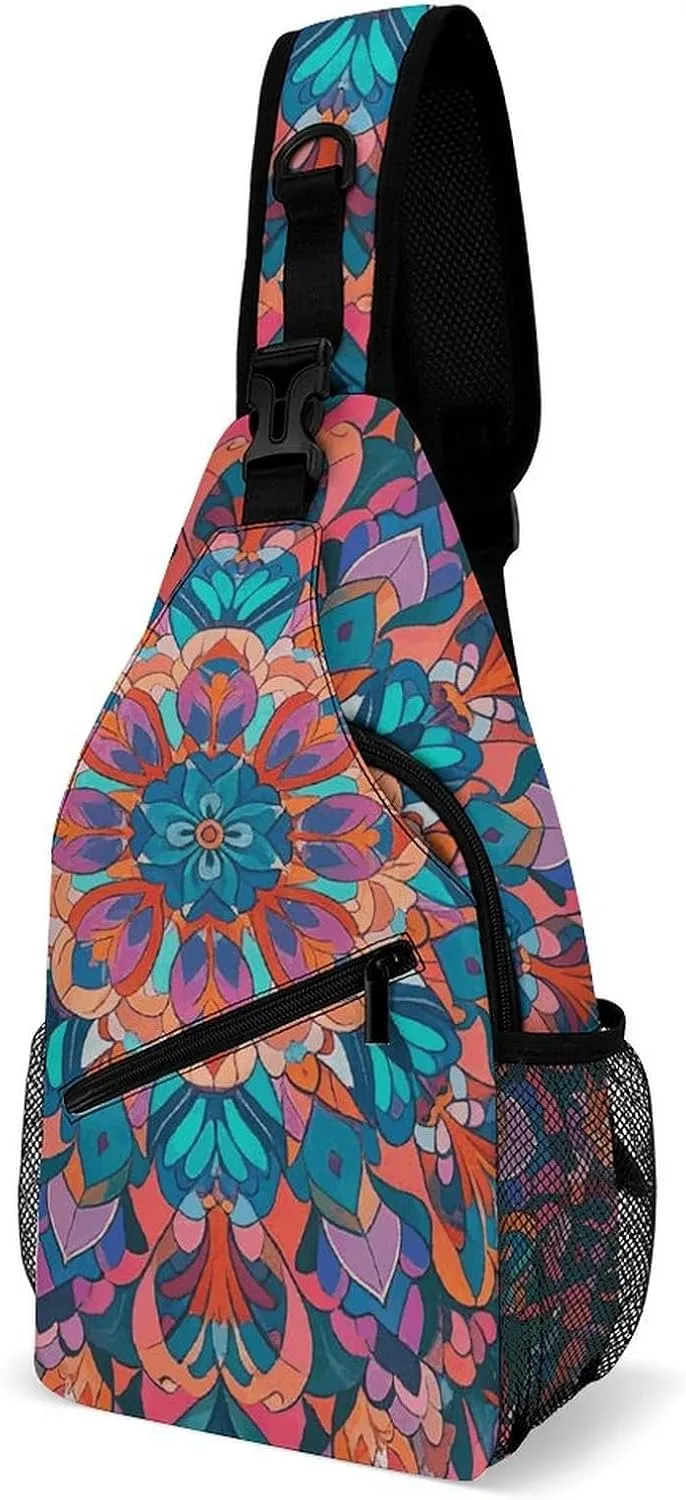 Blue Floral Sling Bag Lightweight Crossbody Chest Pack Travel Shoulder Bag with Adjustable Strap