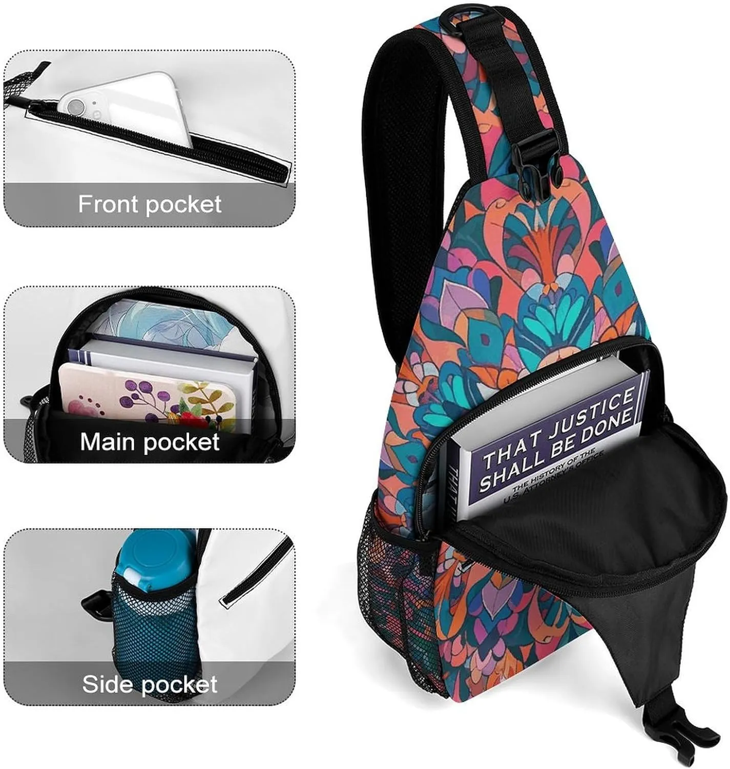 Blue Floral Sling Bag Lightweight Crossbody Chest Pack Travel Shoulder Bag with Adjustable Strap