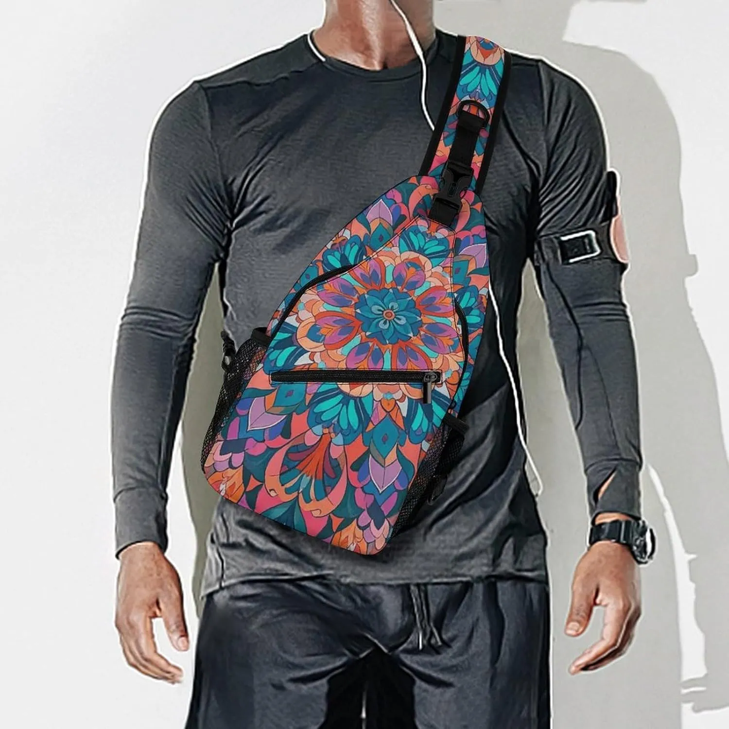 Blue Floral Sling Bag Lightweight Crossbody Chest Pack Travel Shoulder Bag with Adjustable Strap
