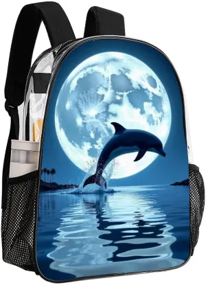 Blue Moonlight Jumping Dolphin Art Daypack Backpack Transparent Anti-Theft Multipurpose Bookbag Big Capacity Travel Hiking & Camping Rucksack With Smooth Zippers