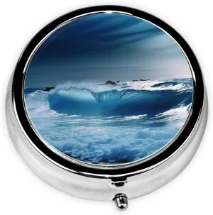 Blue Ocaen Seascape Pill Box Round Pill Case for Pocket Purse 3 Compartment Medicine Pill Organizer Cute Portable Travel Pillbox Vitamin Cod Liver Oil Storage Box Unique Gift Organizer
