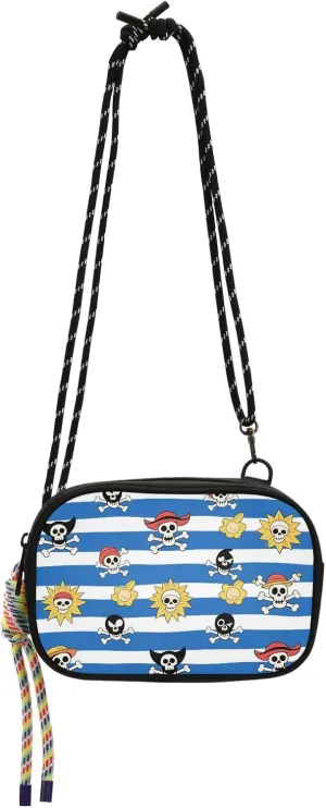 Blue White Striped Coastal Pirate Skeleton Crossbody Camera Bag for Mens Waterproof with Credit Card Slots Women's Shoulder Handbags For Hiking Traveling
