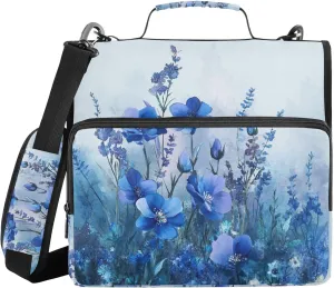 Blue Wild Flowers Floral Spring Sturdy Zipper Binder with Handle Easy to Carry 1.5 Inch 3 Rings Pencil Case Portfolio Binder Storage Container