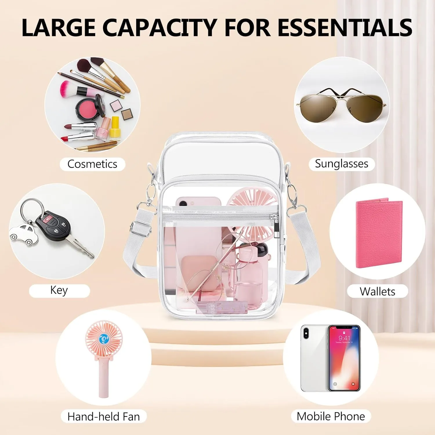 Blvornl Clear Crossbody Bag with Adjustable Shoulder Strap, Stadium Approved PVC Clear Purse Bag, Clear Messenger Bag
