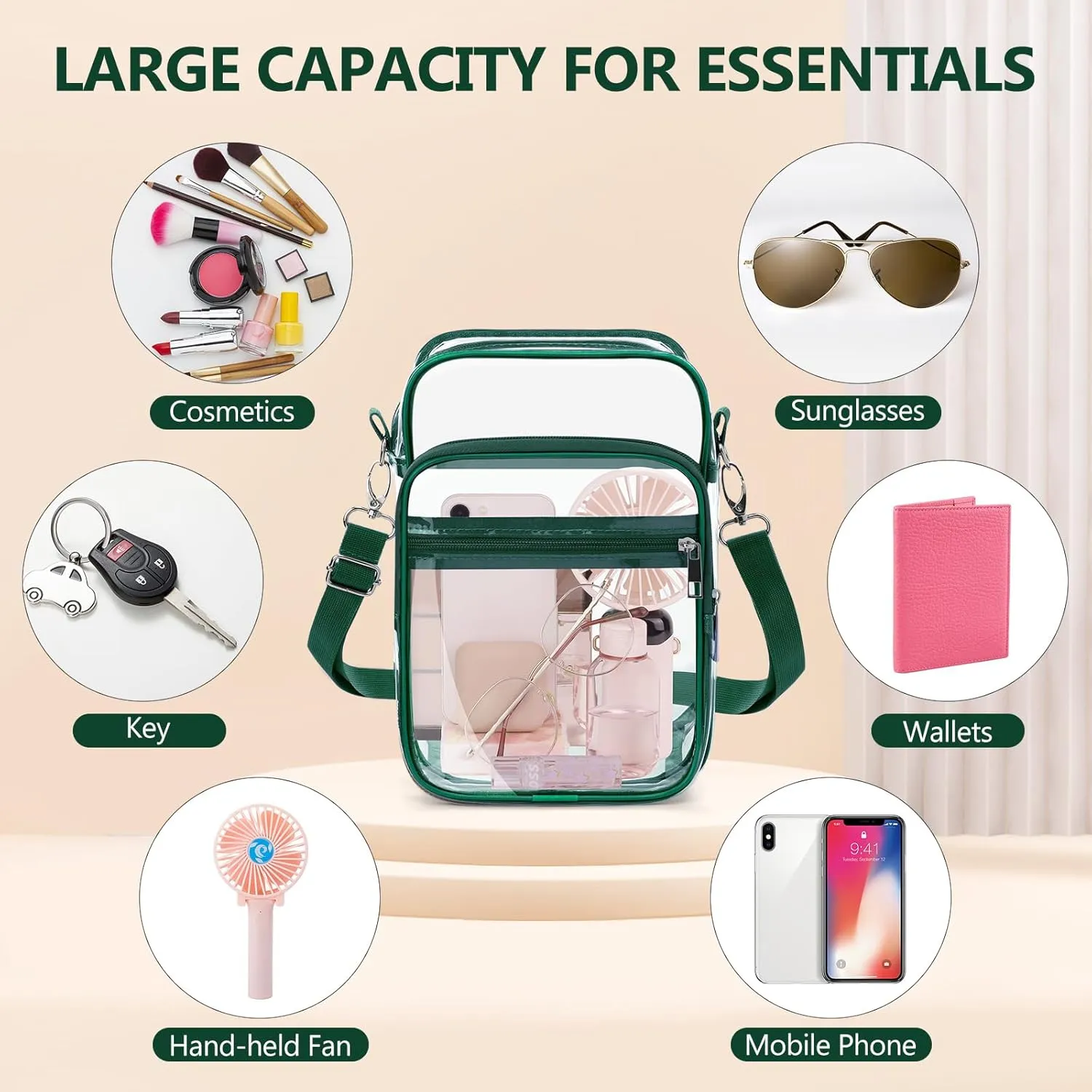 Blvornl Clear Crossbody Bag with Adjustable Shoulder Strap, Stadium Approved PVC Clear Purse Bag, Clear Messenger Bag
