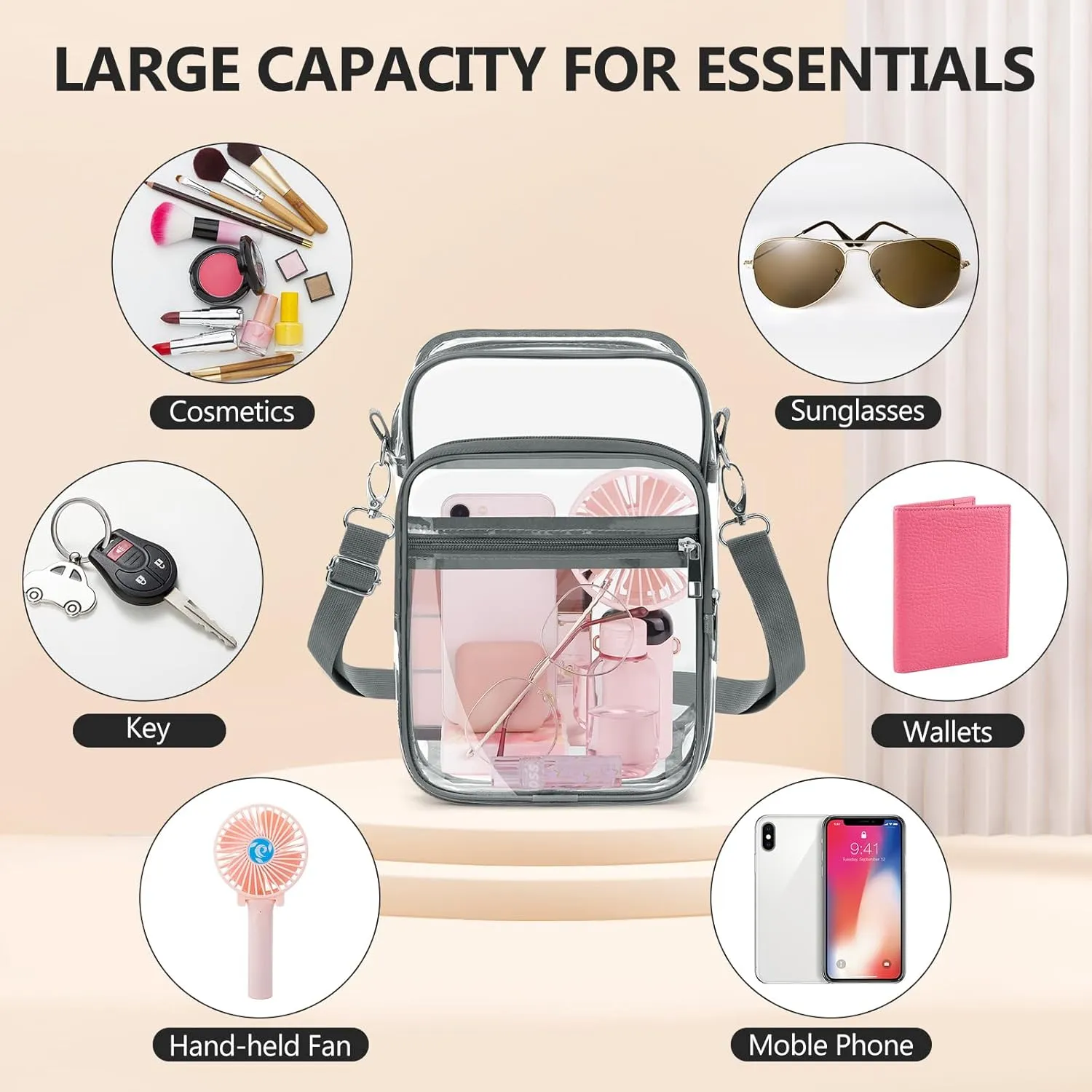 Blvornl Clear Crossbody Bag with Adjustable Shoulder Strap, Stadium Approved PVC Clear Purse Bag, Clear Messenger Bag