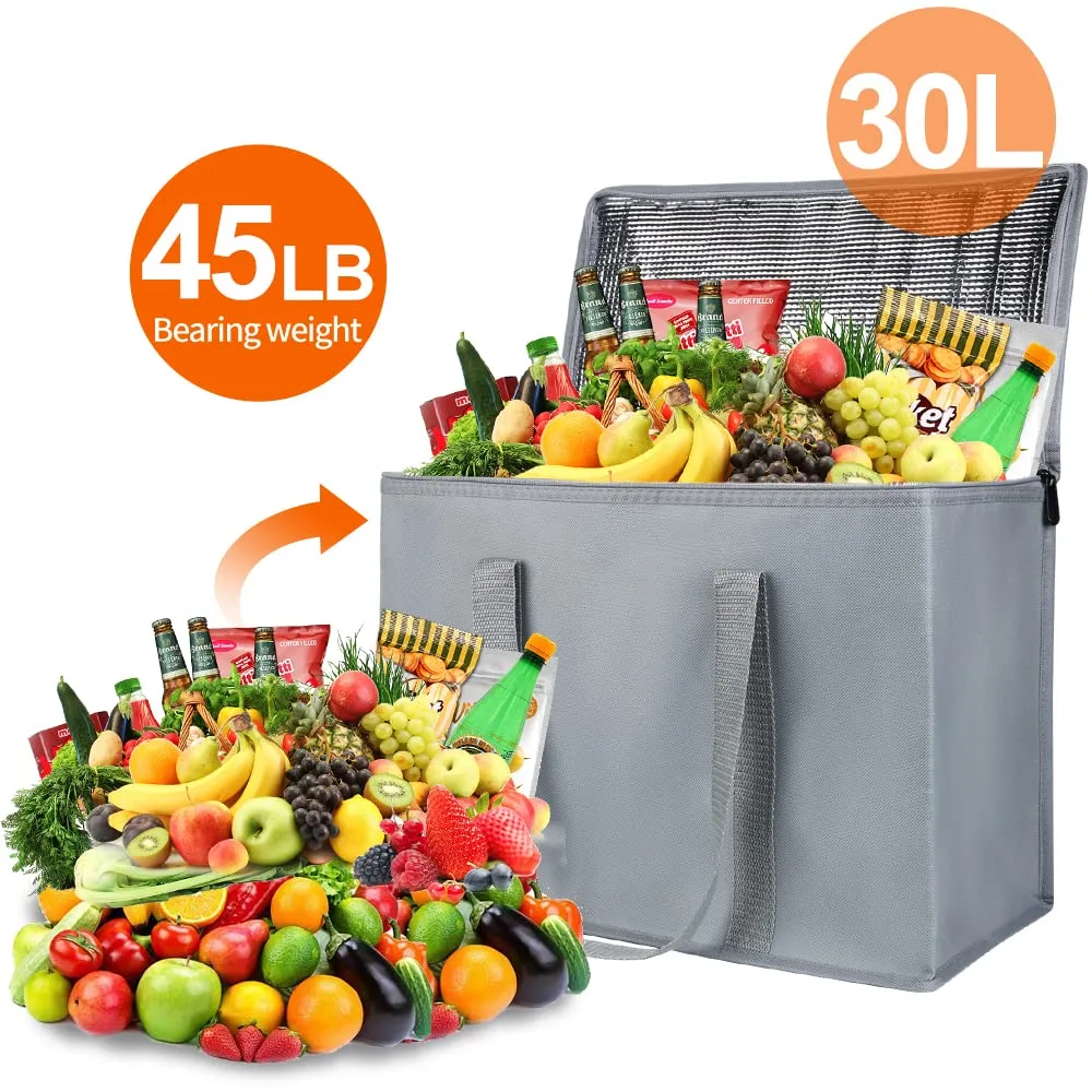 Bodaon 5-Pack Insulated Reusable Grocery Shopping Bags, X-Large Picnic Cooler Bag Zipper/Zippered Top Cold, Insulated Food/Pizza Delivery Bag, Grey