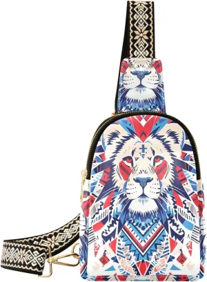 Boho Red Blue Lion crossbody bag leather fanny pack chest bag for day pack