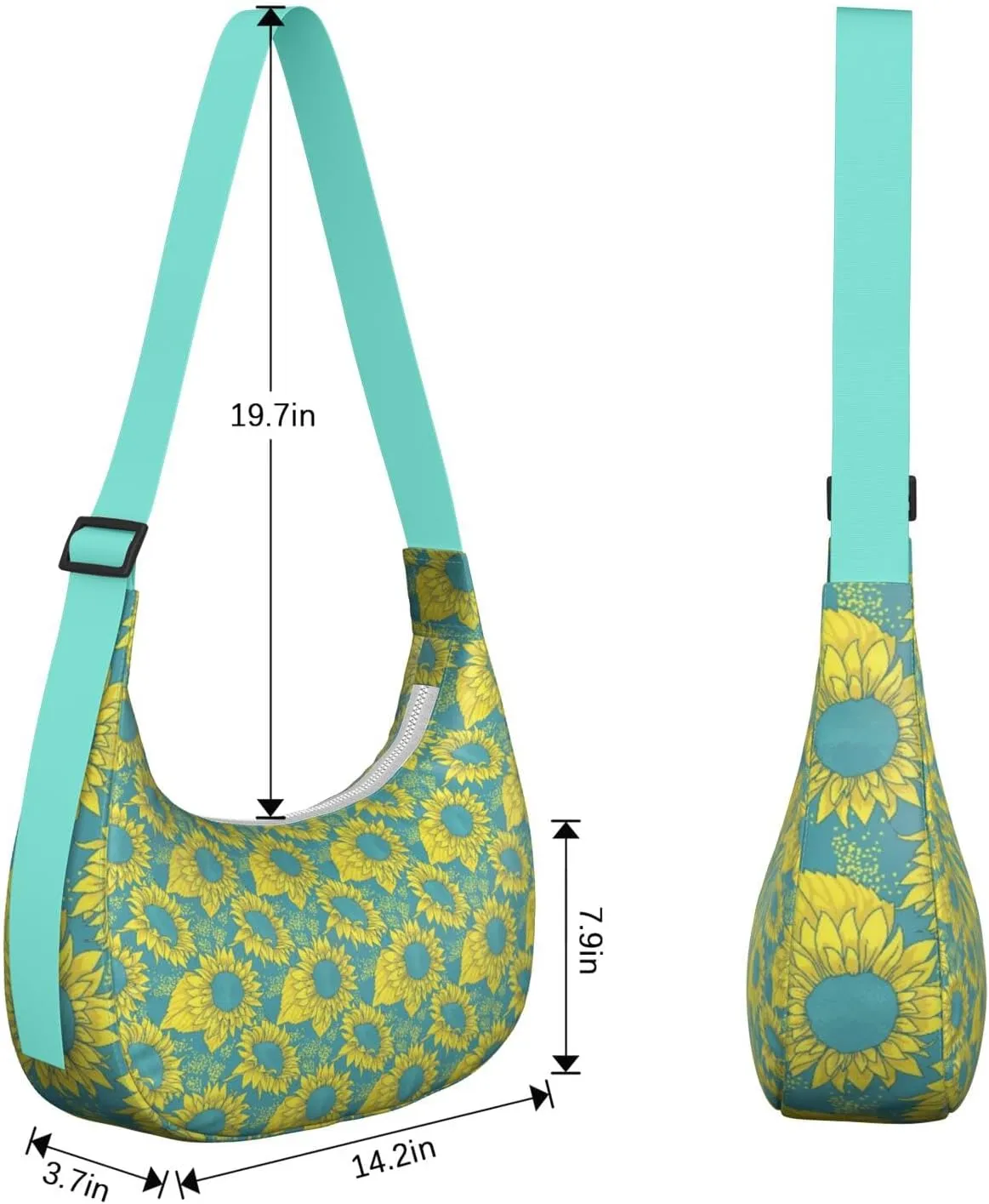 Boho Sunflower Waterproof Nylon Crescent Sling Crossbody Bag Floral Casual Shoulder Bag with Adjustable Strap for Work Travel