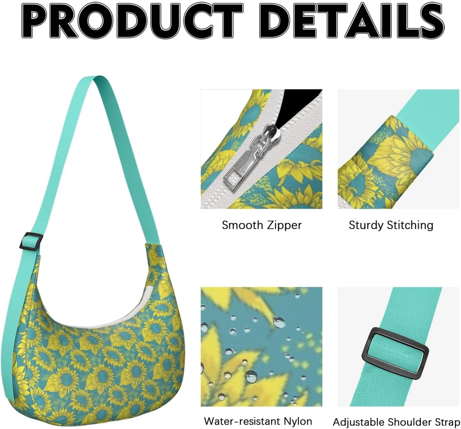 Boho Sunflower Waterproof Nylon Crescent Sling Crossbody Bag Floral Casual Shoulder Bag with Adjustable Strap for Work Travel