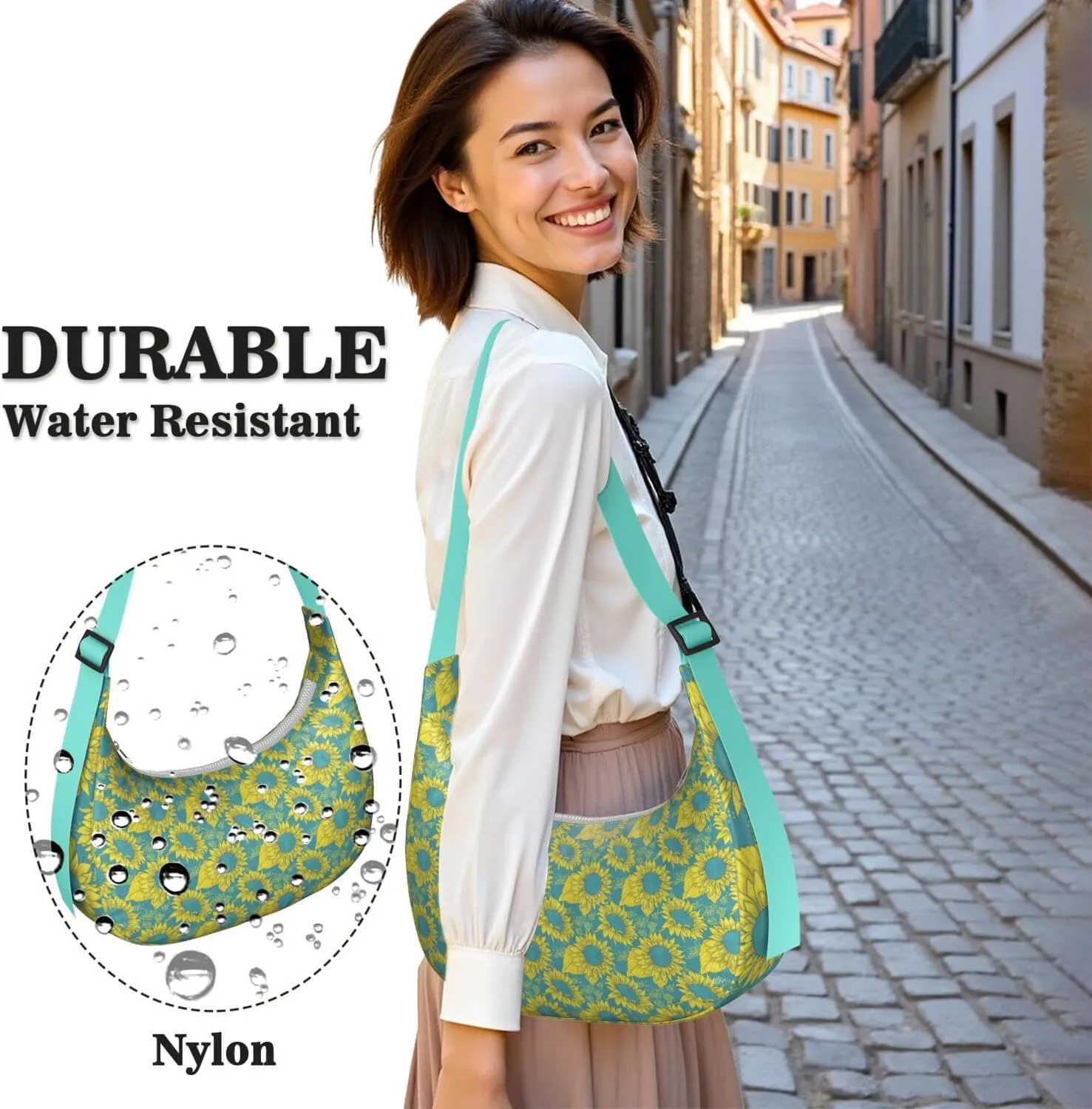 Boho Sunflower Waterproof Nylon Crescent Sling Crossbody Bag Floral Casual Shoulder Bag with Adjustable Strap for Work Travel