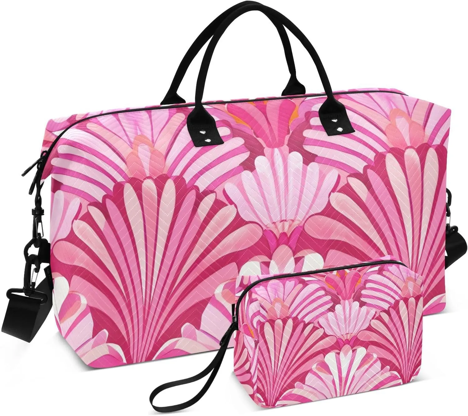 Bolaz Duffle Bag for Travel-Art Deco Pink Striped Shells-，Weekender Overnight Bag with Wet Pocket for Women，Large Carry On Airport Bag with Toiletry Bag for Travel