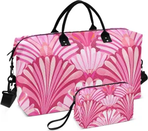 Bolaz Duffle Bag for Travel-Art Deco Pink Striped Shells-，Weekender Overnight Bag with Wet Pocket for Women，Large Carry On Airport Bag with Toiletry Bag for Travel