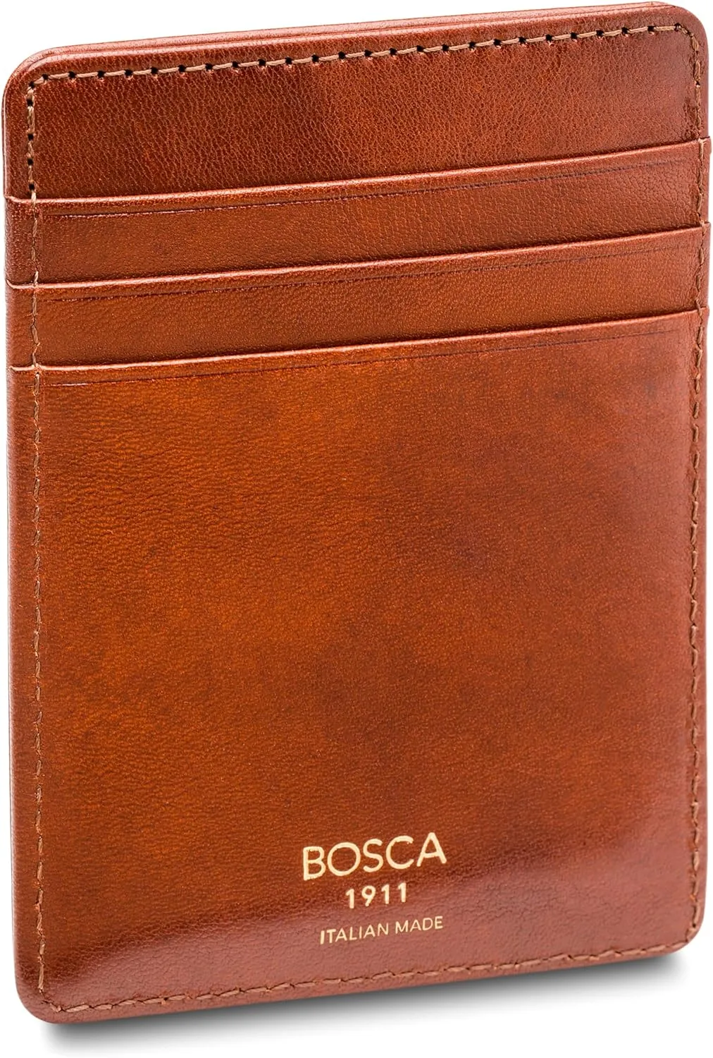 Bosca Italian Leather Men's Wallet with Money Clip - Hand-Stained Old Leather Italia Front Pocket Wallet For Men, Magnetic Clip, Gift-Ready Packaging, Amber