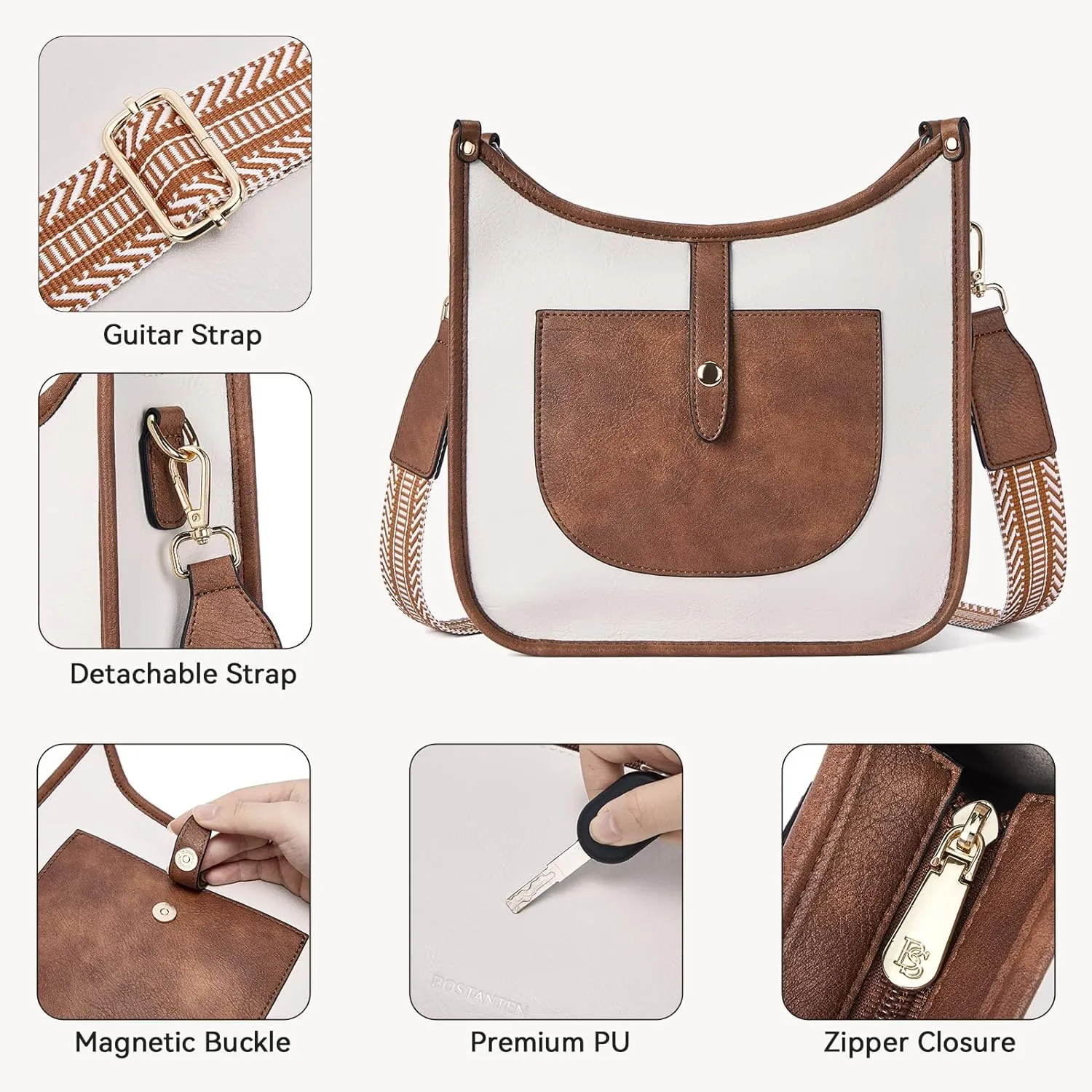 BOSTANTEN Crossbody Bags for Women Trendy Vegan Leather Hobo Handbags Fashion Shoulder Purse with Adjustable Guitar Strap