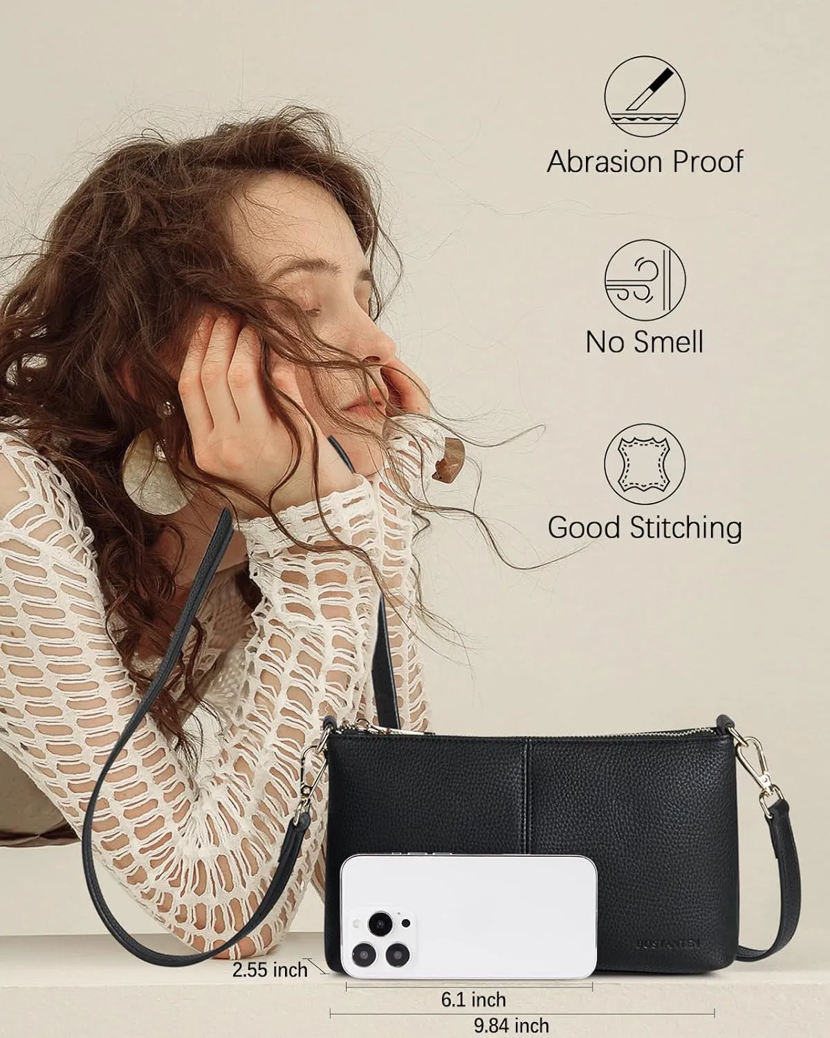 BOSTANTEN Small Crossbody Purse Leather Wristlet Purses for Women with Zipper Pocket Casual Clutch Bags