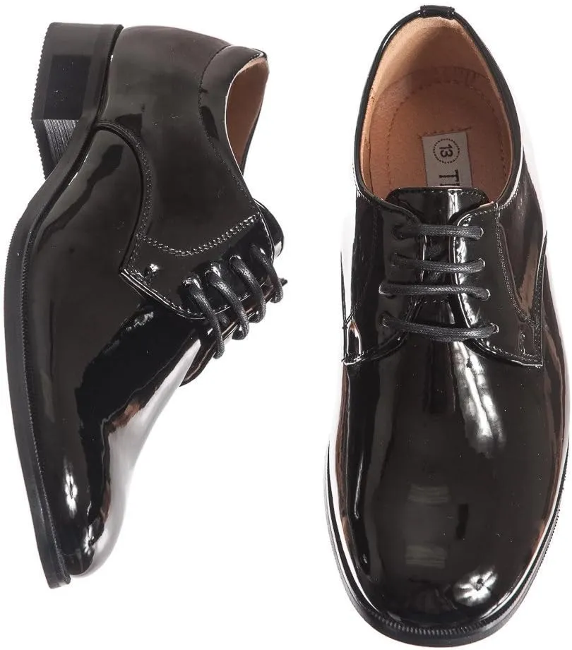Boys Shiny Black Tuxedo Shoes, Round Toe Style in Infant to Boys Sizes