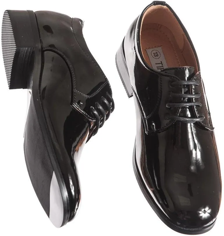 Boys Shiny Black Tuxedo Shoes, Round Toe Style in Infant to Boys Sizes