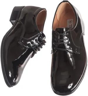 Boys Shiny Black Tuxedo Shoes, Round Toe Style in Infant to Boys Sizes