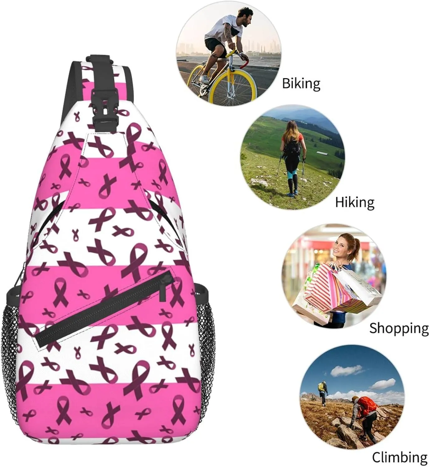 Breast Cancer Awareness Flowers Sling Bag Chest Bags Adjustable Crossbody Bag Shoulder Backpack For Travel Hiking
