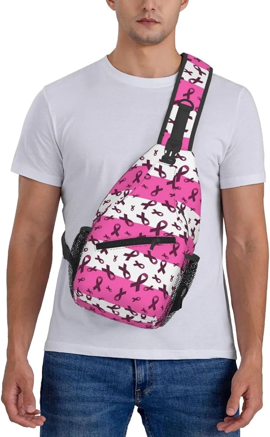 Breast Cancer Awareness Flowers Sling Bag Chest Bags Adjustable Crossbody Bag Shoulder Backpack For Travel Hiking