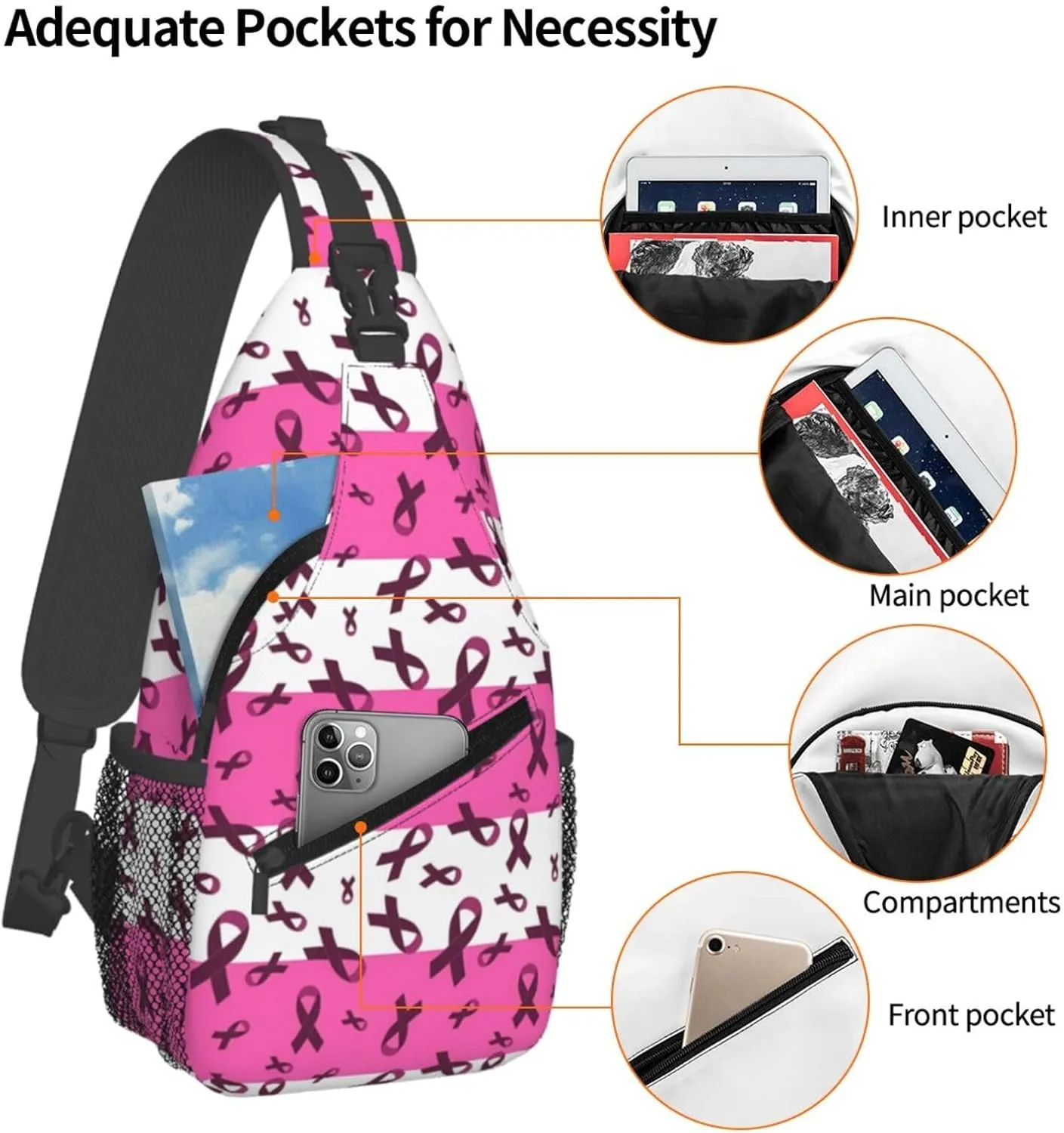 Breast Cancer Awareness Flowers Sling Bag Chest Bags Adjustable Crossbody Bag Shoulder Backpack For Travel Hiking