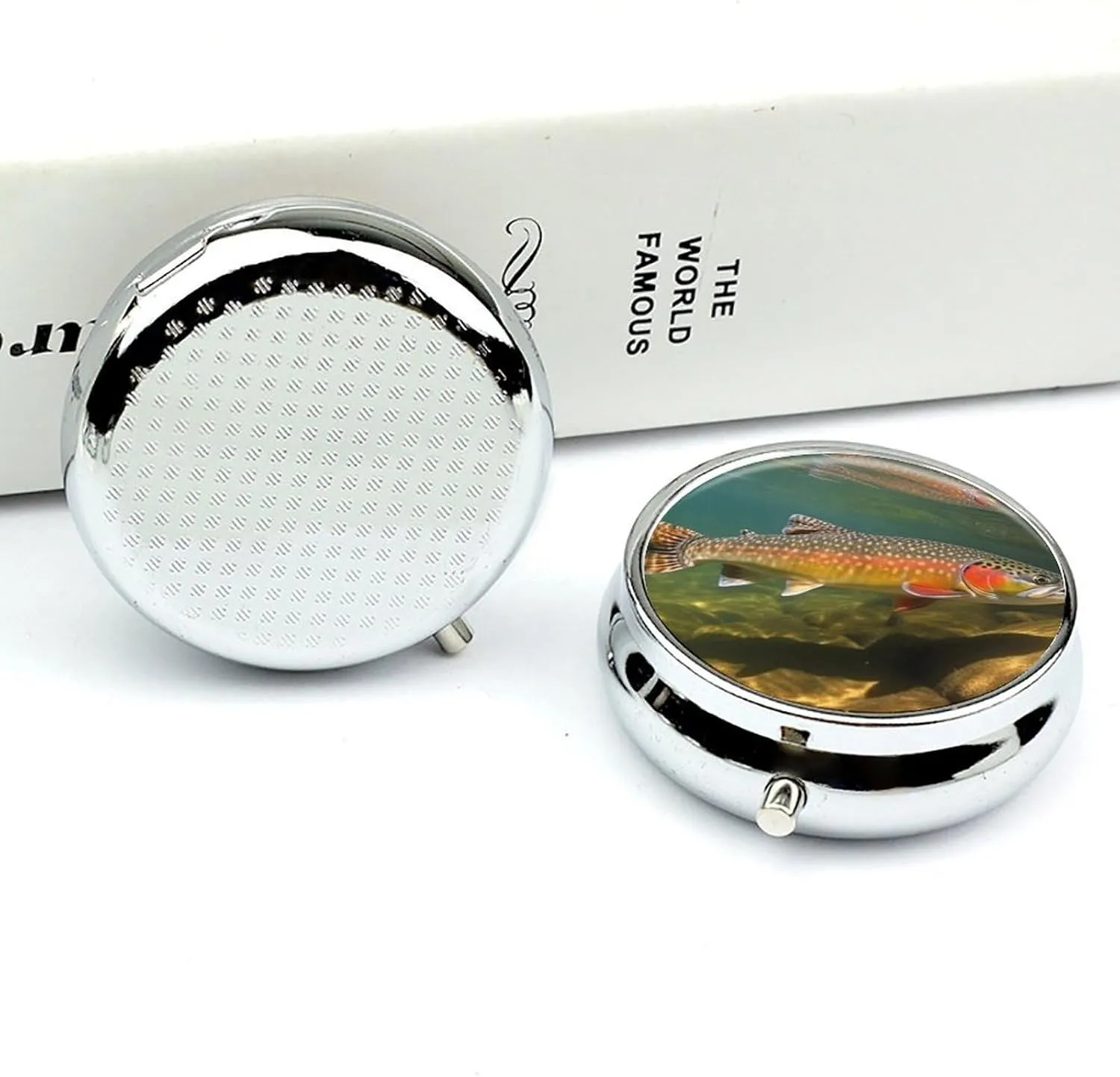 Brook Trout Fly Fishing Pill Box PortablePill Organizer Travel Pillcase for Pocket Or Purse Medicine Pill Container with Mirror 3 Compartments Daily Medicine Organizer
