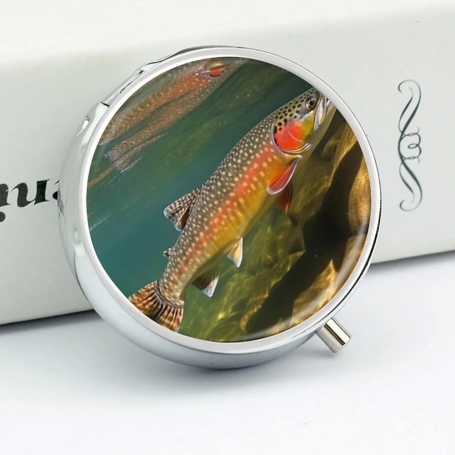 Brook Trout Fly Fishing Pill Box PortablePill Organizer Travel Pillcase for Pocket Or Purse Medicine Pill Container with Mirror 3 Compartments Daily Medicine Organizer