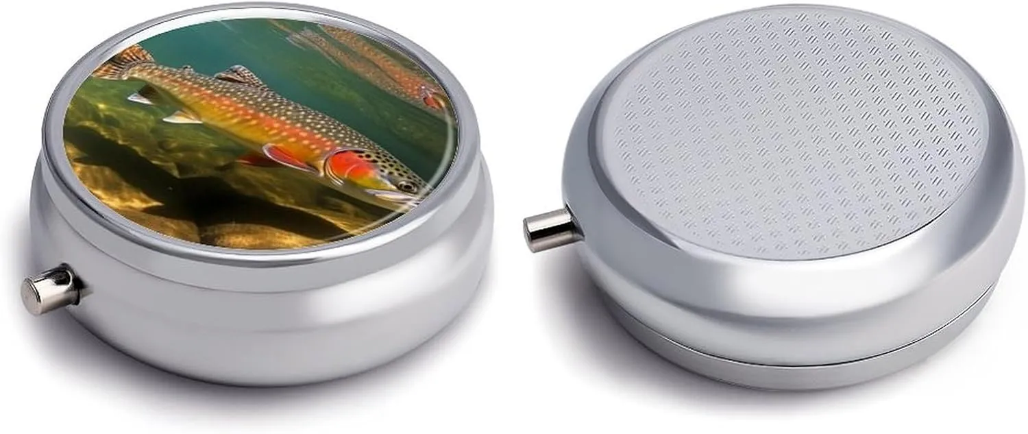 Brook Trout Fly Fishing Pill Box PortablePill Organizer Travel Pillcase for Pocket Or Purse Medicine Pill Container with Mirror 3 Compartments Daily Medicine Organizer