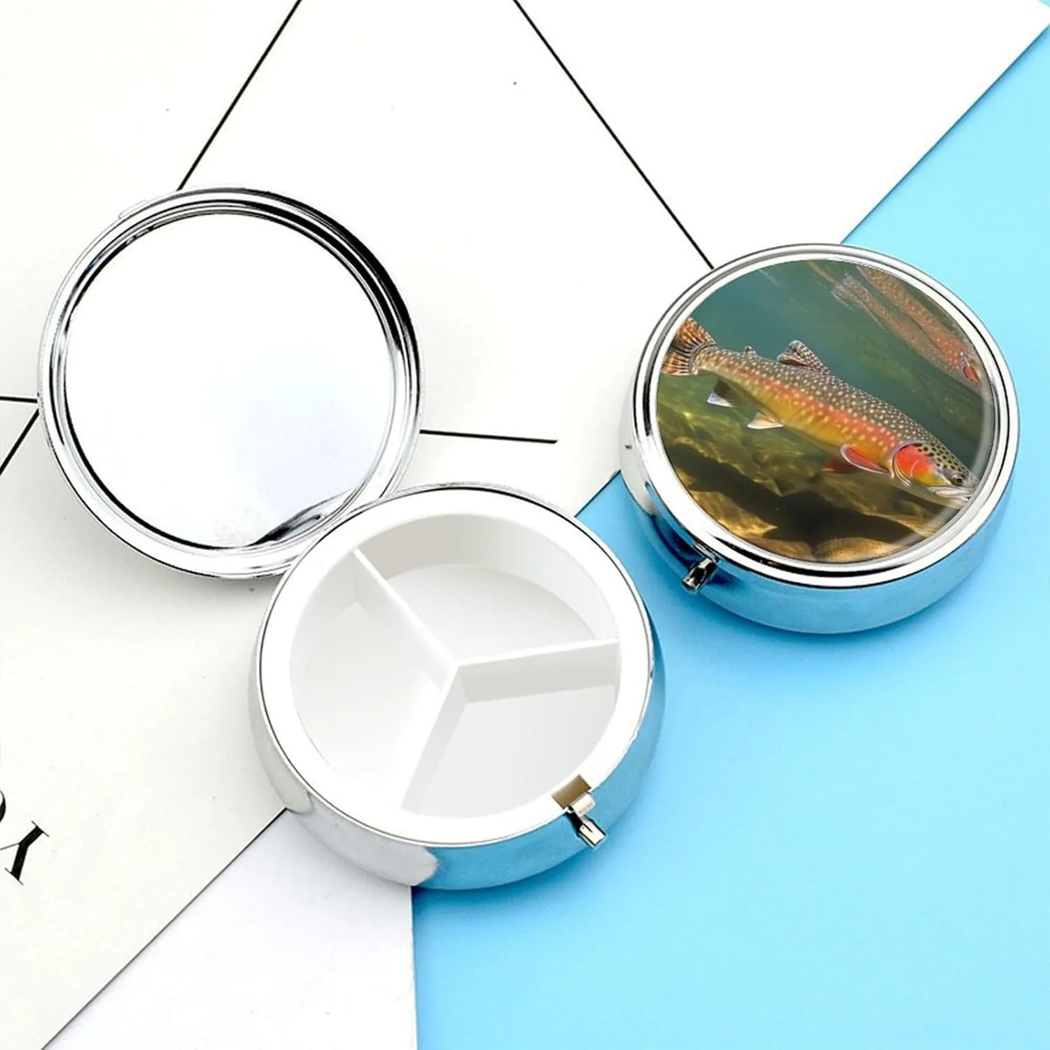 Brook Trout Fly Fishing Pill Box PortablePill Organizer Travel Pillcase for Pocket Or Purse Medicine Pill Container with Mirror 3 Compartments Daily Medicine Organizer