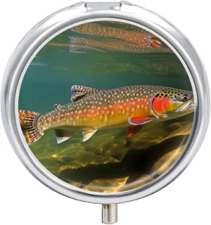 Brook Trout Fly Fishing Pill Box PortablePill Organizer Travel Pillcase for Pocket Or Purse Medicine Pill Container with Mirror 3 Compartments Daily Medicine Organizer