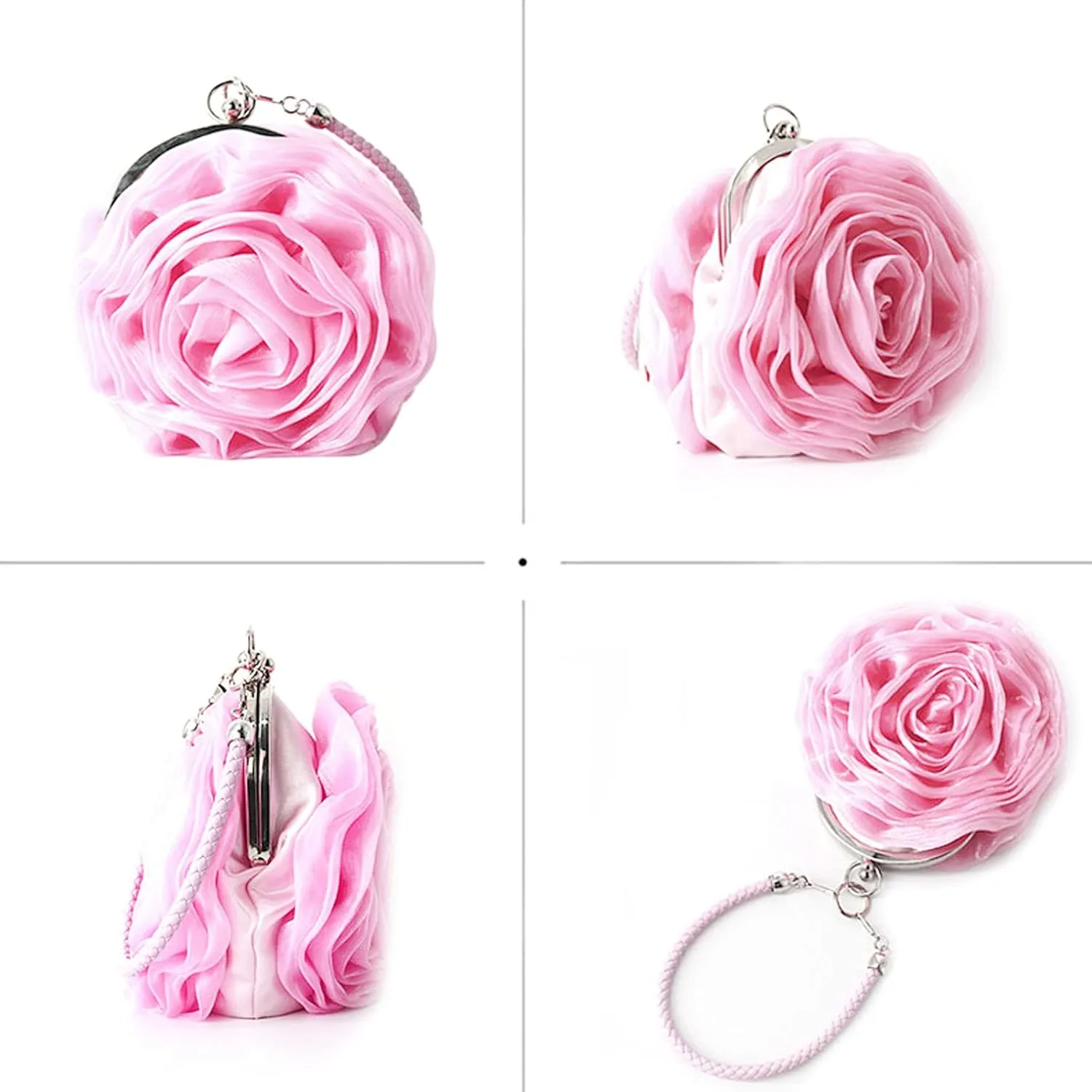 Buddy Women Rose Shaped Clutch Soft Satin Wristlet Handbag Wedding Party Purse