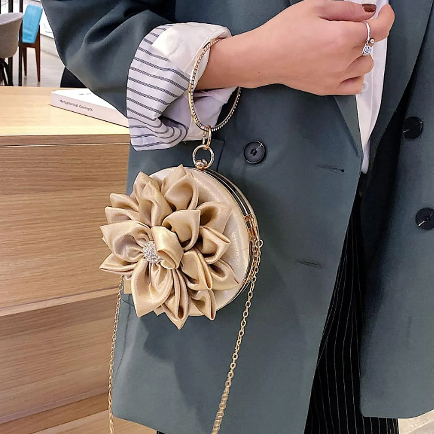 Buddy Women Rose Shaped Clutch Soft Satin Wristlet Handbag Wedding Party Purse