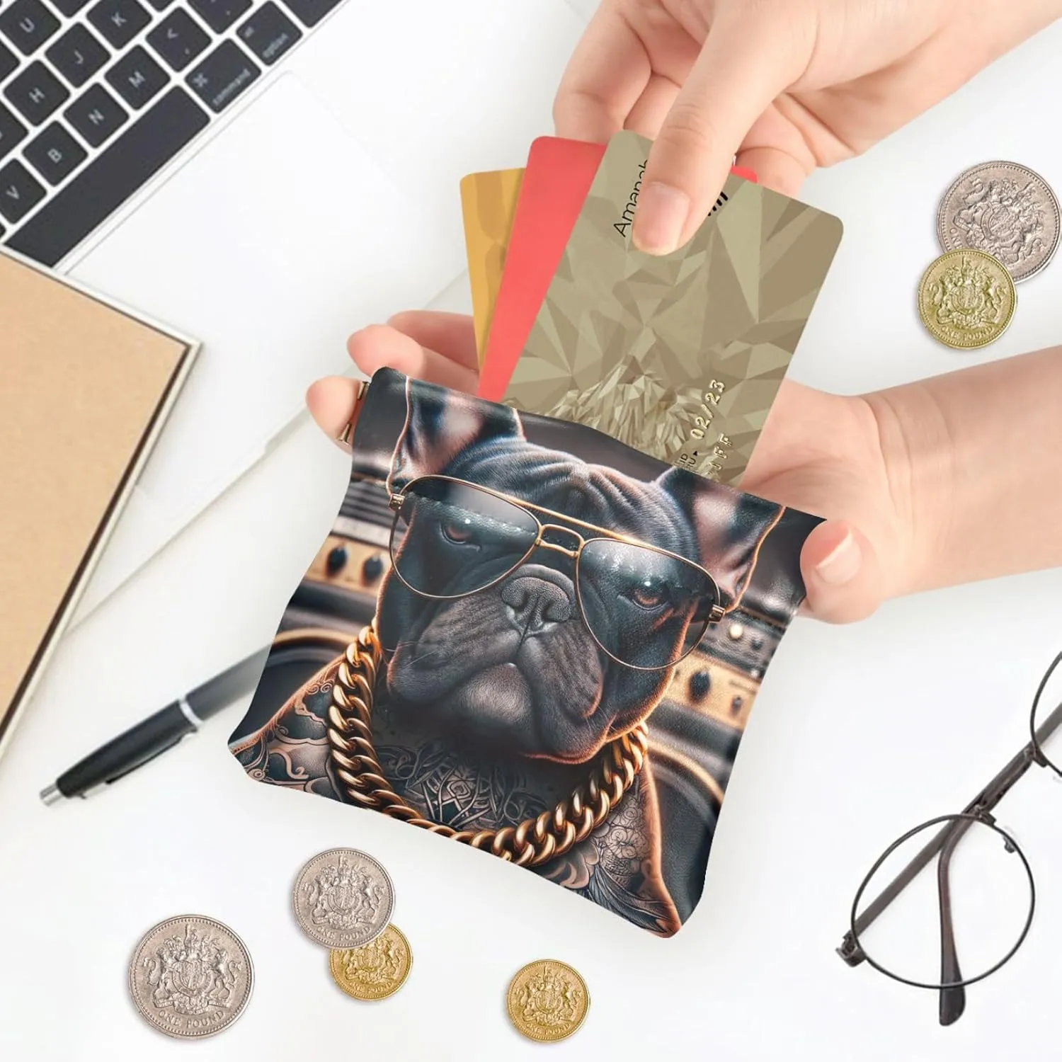 Bulldog Tattoo Funny Dog Leather Coin Purse for Men Women Animal Print Squeeze Card Change Purse Wallet