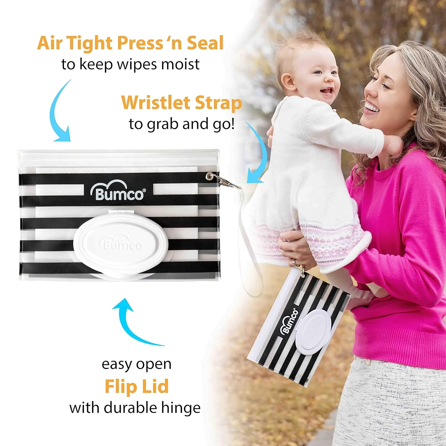BUMCO Airtight Wipes Dispenser, Keeps Wet, Reusable Refillable Pouch, Diaper Bag Organizer for Travel, Carrying Clutch, Unique Baby Gift for Girl Boy [multicolor]