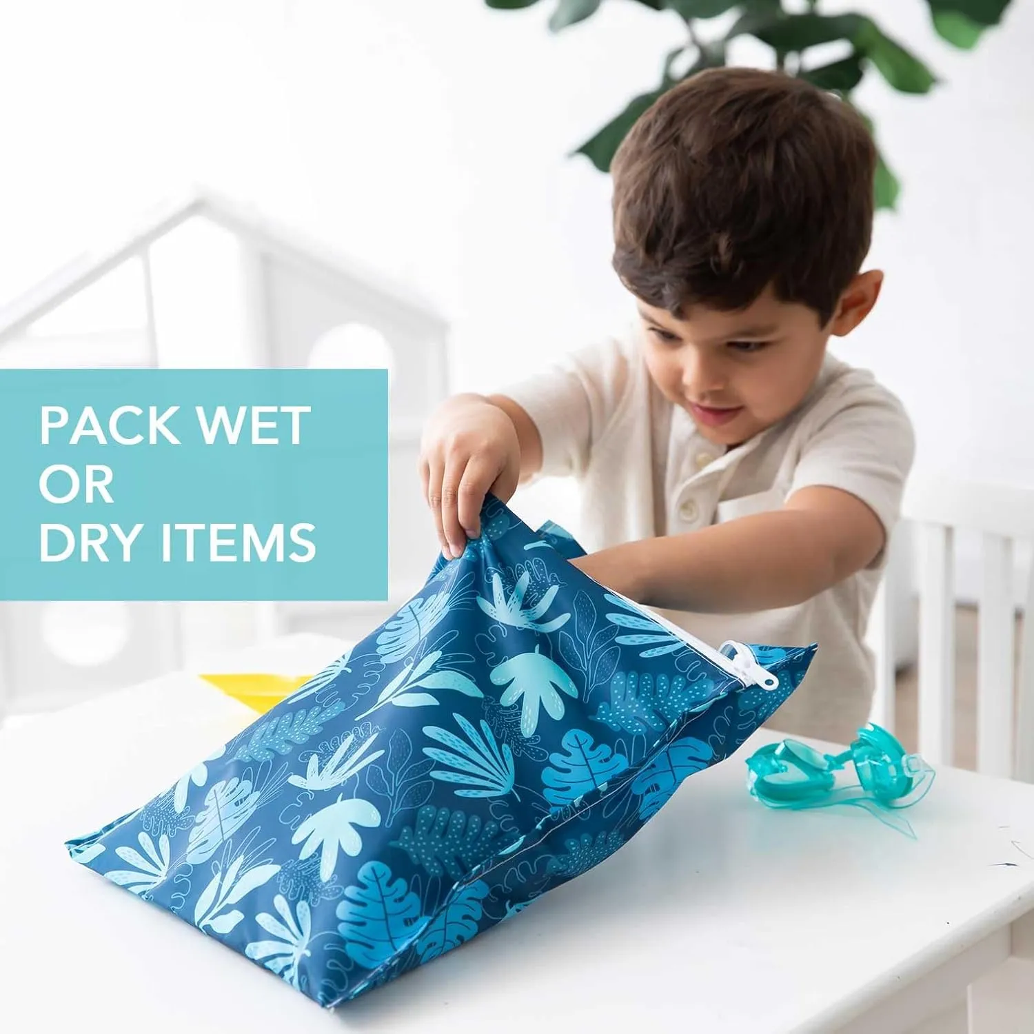 Bumkins Waterproof Wet Bag, Washable, Reusable for Travel, Beach, Pool, Stroller, Diapers, Dirty Gym Clothes, Wet Swimsuits, Toiletries, 12x14 – Blue Tropic