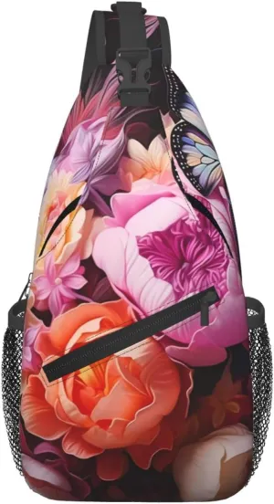 Butterflies and Fresh Bush Patterned crossbody chest bag, casual hiking shoulder bag, travel crossbody backpack for men and women