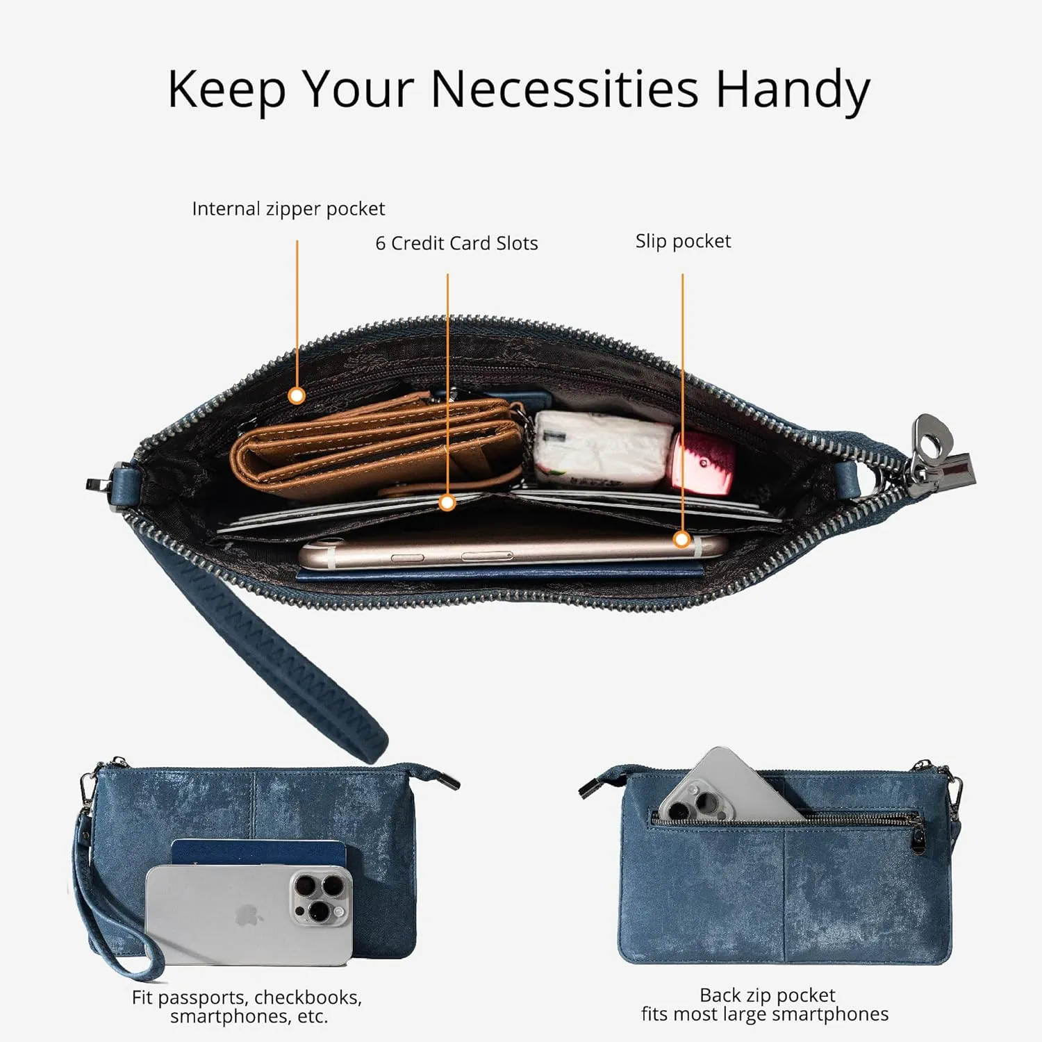 Bveyzi Genuine Leather Wristlet Purses for Women, Envelope Clutch Wallet Small Crossbody Bags for Dressy Evening