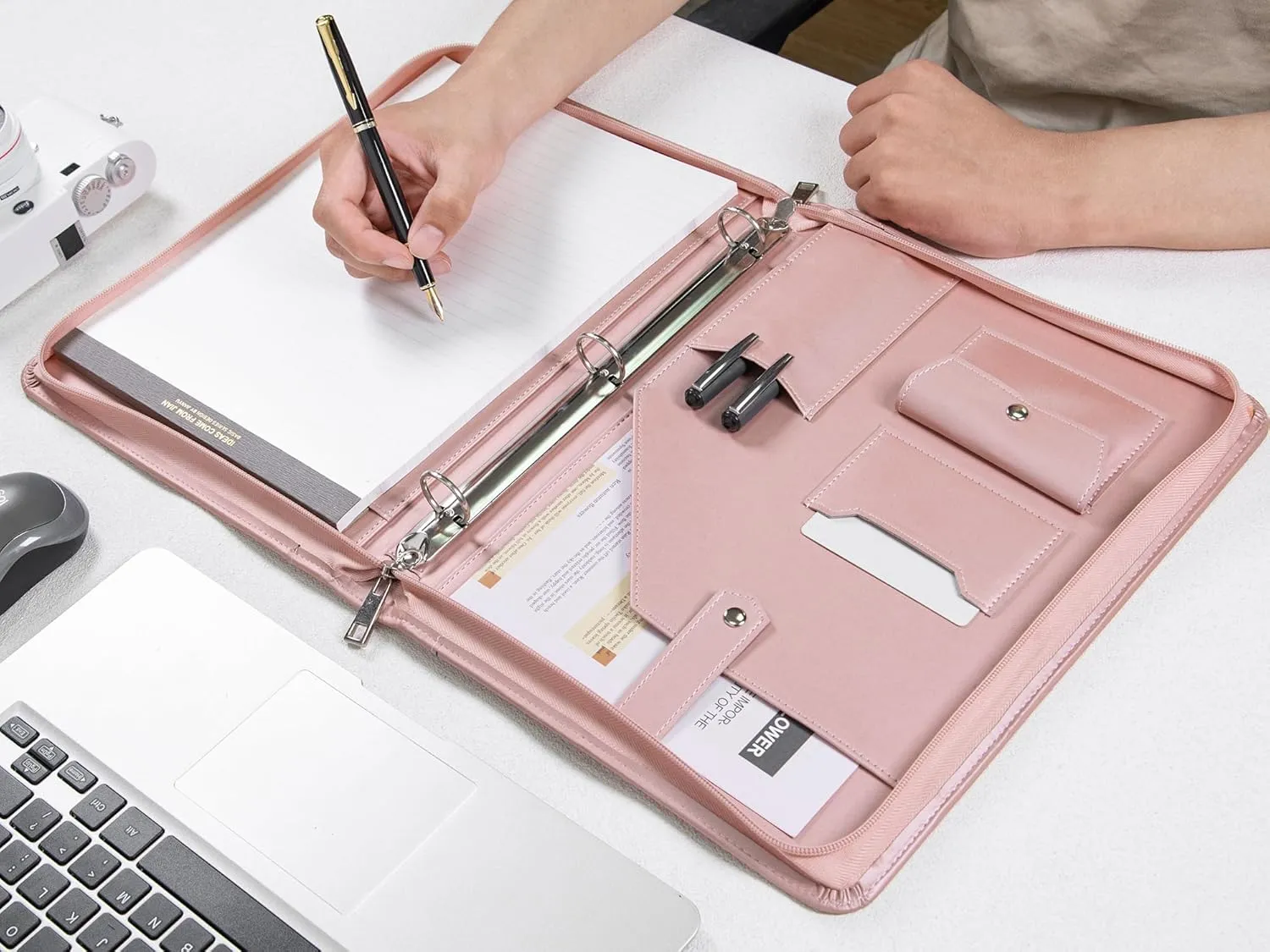 Calfinder Leather Portfolio Binder, PU Leather Portfolio Organizer for Women, 3 Ring Binder Resume Zippered Padfolio with A4/Letter Size Notepad Holder, Business Work Folio, Gift for Lady, Pink