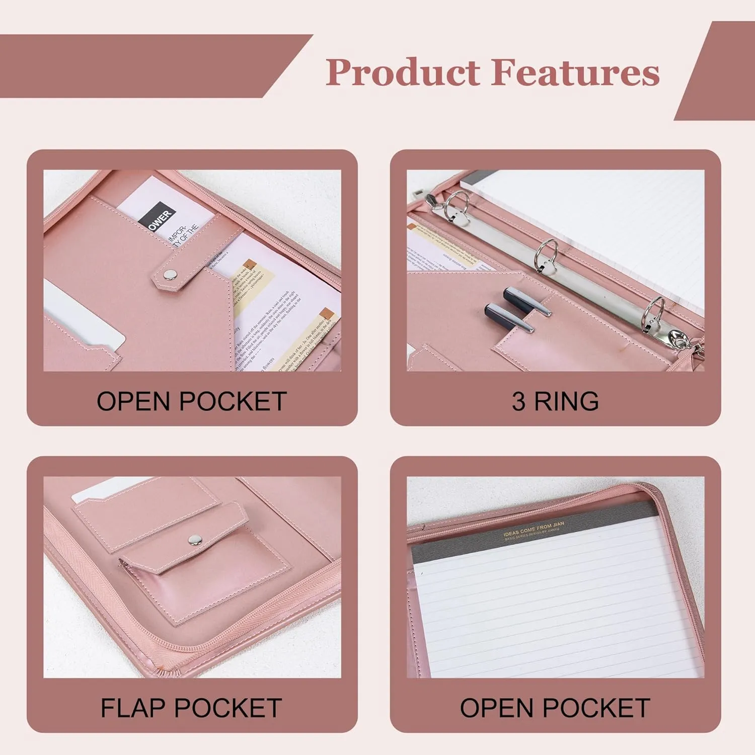 Calfinder Leather Portfolio Binder, PU Leather Portfolio Organizer for Women, 3 Ring Binder Resume Zippered Padfolio with A4/Letter Size Notepad Holder, Business Work Folio, Gift for Lady, Pink