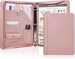 Calfinder Leather Portfolio Binder, PU Leather Portfolio Organizer for Women, 3 Ring Binder Resume Zippered Padfolio with A4/Letter Size Notepad Holder, Business Work Folio, Gift for Lady, Pink