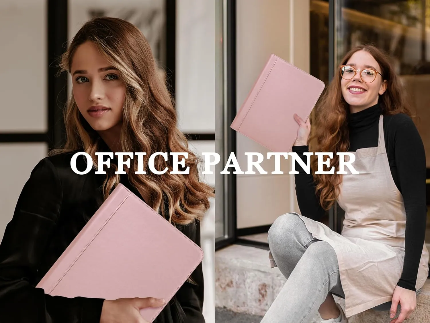 Calfinder Leather Portfolio Binder, PU Leather Portfolio Organizer for Women, 3 Ring Binder Resume Zippered Padfolio with A4/Letter Size Notepad Holder, Business Work Folio, Gift for Lady, Pink