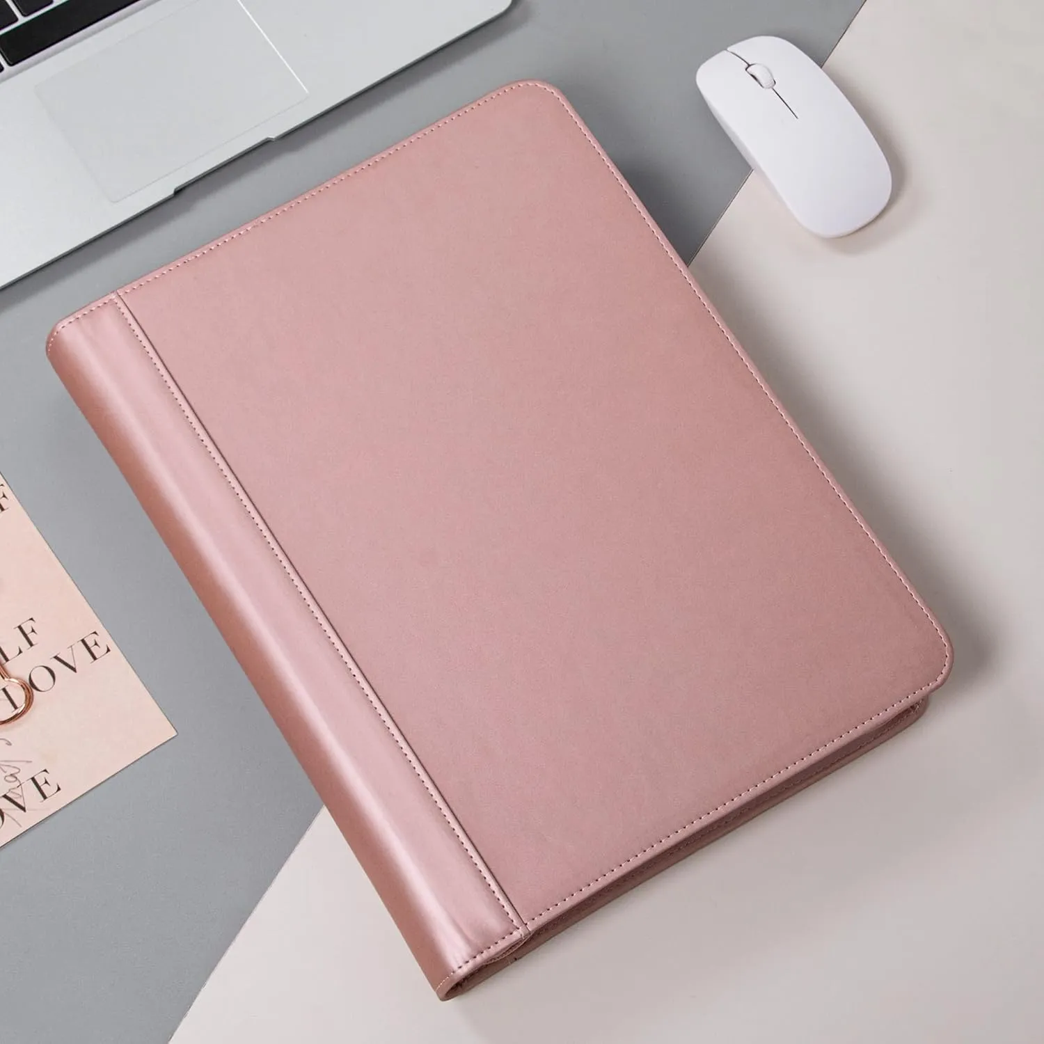 Calfinder Leather Portfolio Binder, PU Leather Portfolio Organizer for Women, 3 Ring Binder Resume Zippered Padfolio with A4/Letter Size Notepad Holder, Business Work Folio, Gift for Lady, Pink