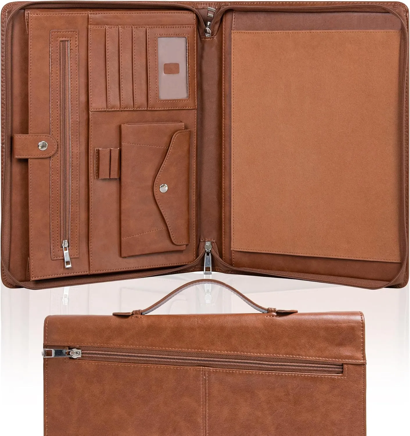 Calfinder Leather Portfolio Organizer for Men & Women, Leather Portfolio Folder with Handle for Ipad/MacBook (Up to 13.3"), Padfolio for Notepad, Phone Pocket and Card Slot, Brown